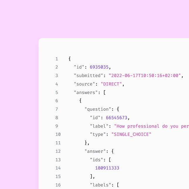 Et eksempel på undersøgelsesdata i en API-output.