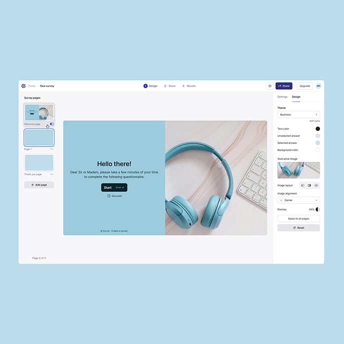 The new survey builder with an improved layout and enhanced distribution of settings for easier navigation.