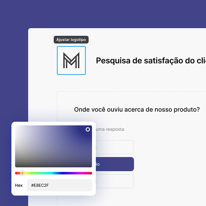 Recursos personalizáveis para mudar cores, inserir logo e adjustar o design do questionário.