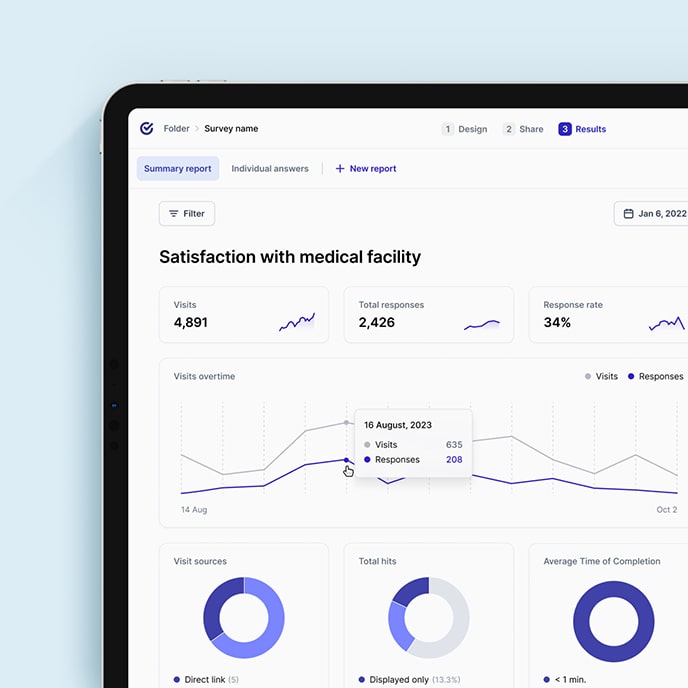 A tablet screen with result analysis page in Survio.