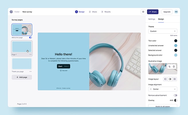 Survio's enhanced survey builder with the new presentation-style page layout.