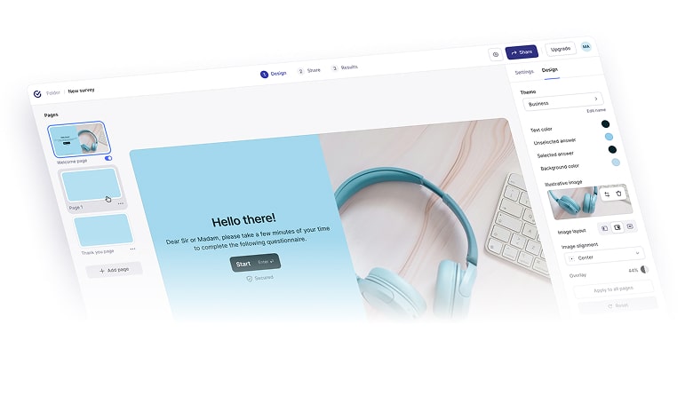 editor di questionario con opzioni di modifica del layout della pagina