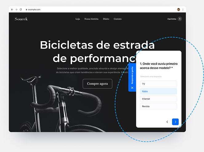 Um website promovendo bicicletas para a estrada e mostrando uma pesquisa online em várias formas integradas no conteúdo de um website