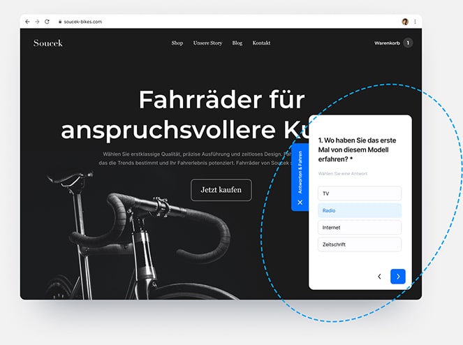 Website mit Straßenfahrrädern, die diverse Art und Weise der Darstellung einer Online-Umfrage direkt im Inhalt der Website zeigt
