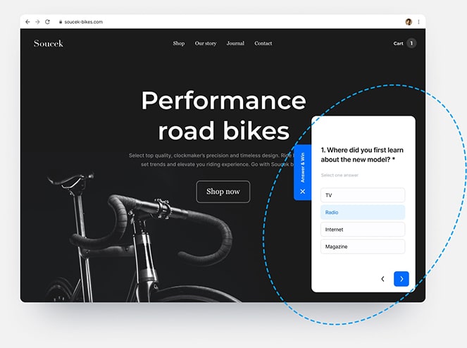 A website promoting road bikes and displaying online survey in various forms embedded in the website's content