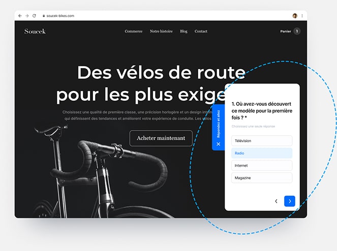 Un site Internet faisant la promotion des vélos de route qui montre les différentes manières d´afficher un sondage en ligne directement dans le contenu du site.
