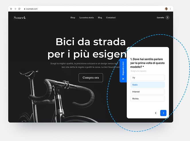 Un sito che promuove bici da strada, che mostra le diverse modalità per visualizzare un questionario online direttamente nei contenuti del sito