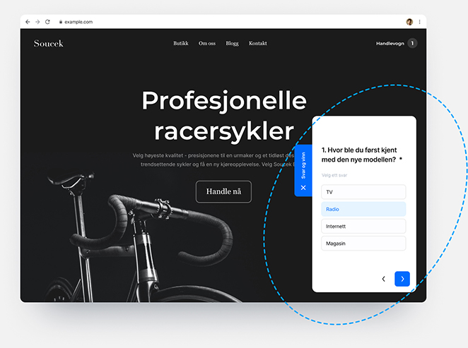 En webside som reklamerer for sykler og samtidig viser forskjellige spørreundersøkelser