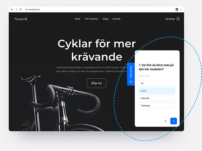 En webbsida som gör reklam för cyklar och visar online-enkäter i olika former direkt bland webbplatsens innehåll