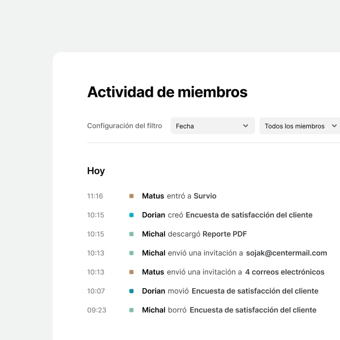 Pantalla de la aplicación Survio que muestra interface de actividad de miembros