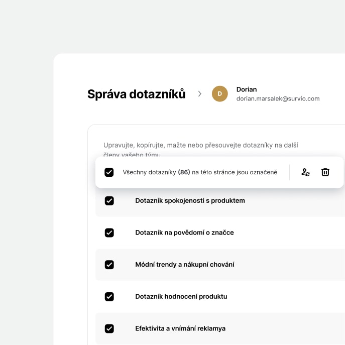 Obrazovka z aplikace Survio zobrazující rozhraní správy dotazníků