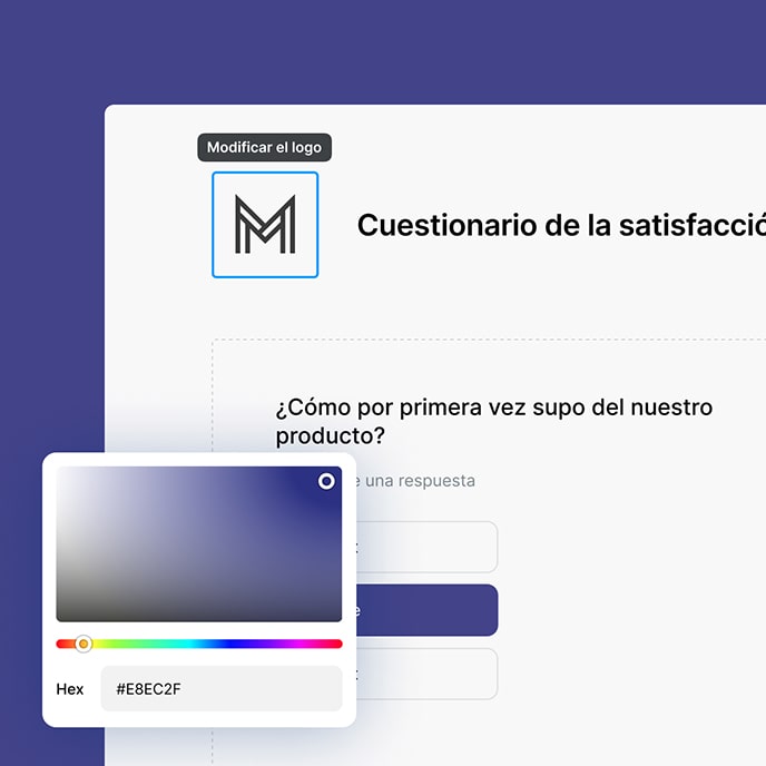 Las opciones de adaptación permiten cambiar colores, insertar logo y adaptar el aspecto del cuestionario según sea necesario.