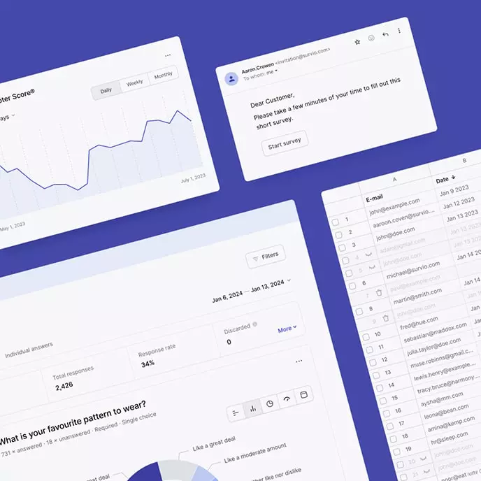 Attēls, kurā redzams automatizēts e-pasta ielūgums, aptaujas ziņojums un tabula ar aptaujas datiem.