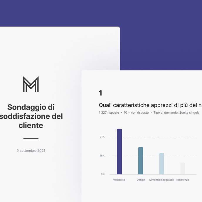 Pagina introduttiva del sondaggio sulla soddisfazione del cliente e grafico a barre sulla domanda di esempio.