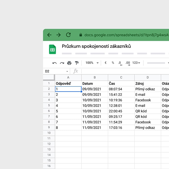Ukázka reportu s jednotlivými odpověďmi v Google Sheets.