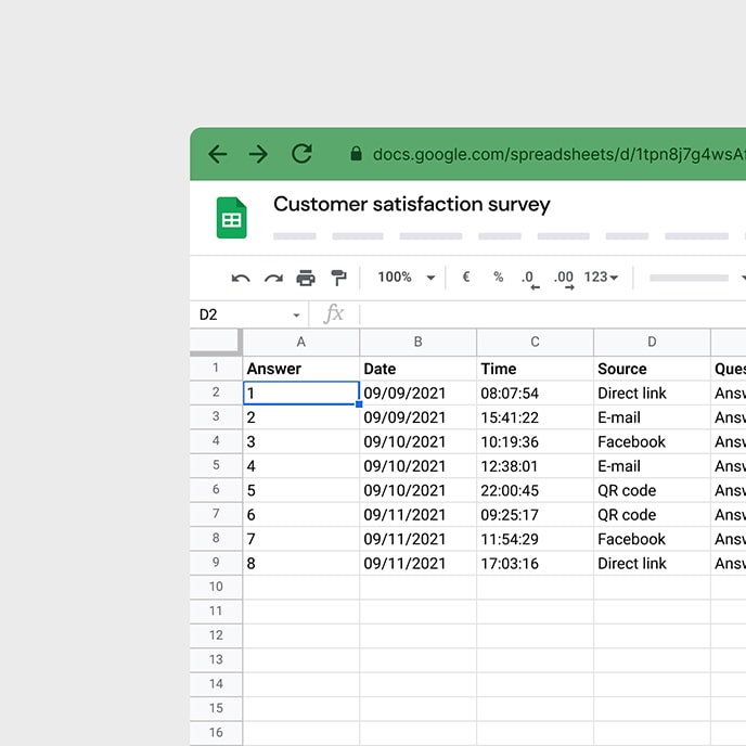 Parauga ziņojums ar individuālām atbildēm Google Sheets.