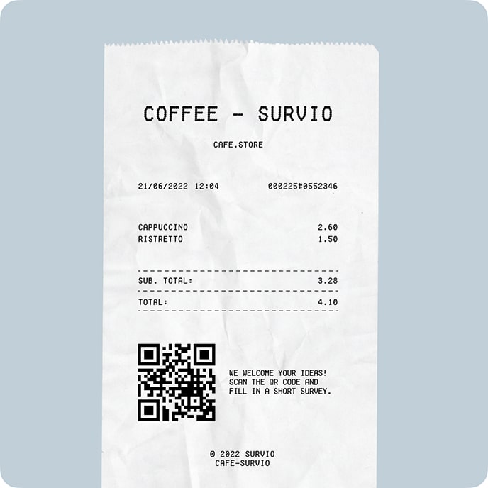 Kavinės kvitas su QR kodu ir pranešimu klientams įvertinti paslaugą internetinėje apklausoje